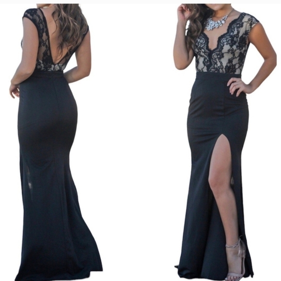 Maniju Blush Beige Scalloped V Neck Lace Sleeveless Top Side Slit Maxi Dress S - Picture 2 of 13